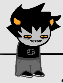 a pixel art drawing of a cartoon character with a shirt that says cancer on it