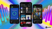 a spotify app is shown on three phones