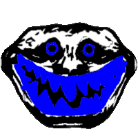 a black and white drawing of a troll face with blue teeth .