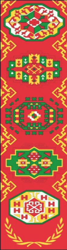 a red background with green yellow and white geometric designs