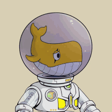 a cartoon drawing of a robot with a whale on his head