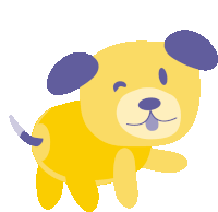 a yellow dog with a purple ear and tail