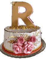 a cake with a letter r on top and pink roses