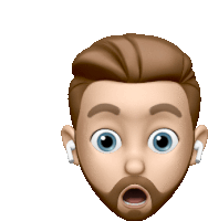 a man with a beard and ear buds has a surprised expression on his face