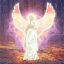 a statue of an angel with glowing wings stands in front of a purple background