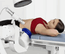 a woman is laying on a table with a machine on her stomach and getting a treatment .