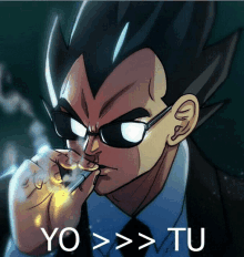 a man in a suit and tie is smoking a cigarette with the words yo > tu below him