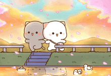 a couple of cartoon cats standing next to each other on a bridge