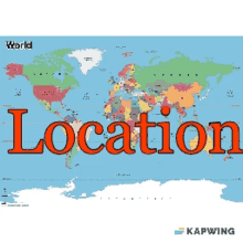 a map of the world with the words location in red