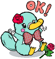 a cartoon of a duck with a bow tie and a rose on its head says ok