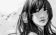 a black and white drawing of a girl wearing headphones while crying .