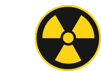 a yellow and black circle with a nuclear symbol inside of it