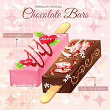 a poster for february special chocolate bars shows a strawberry milk and a chocolate bar