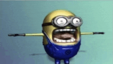 a 3d model of a minion with a surprised look on his face and arms outstretched .