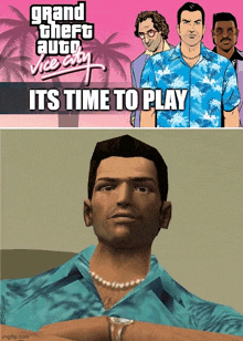 a poster for grand theft auto vice city has a man wearing a pearl necklace on it