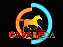 a logo for cavalera with a blue horse in the middle