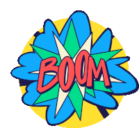 a colorful graphic with the word boom in red letters