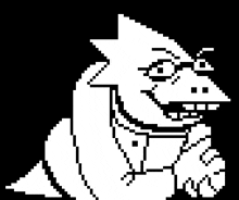 a black and white pixel art drawing of a dragon with a very angry look on its face .