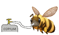 a bee is drinking water from a faucet that says copium on it