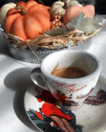 a cup of ciao amore coffee sits on a saucer