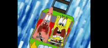 patrick star and spongebob squarepants are riding a roller coaster with their mouths open .