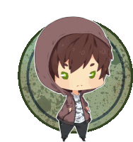 a chibi drawing of a boy with green eyes and a hoodie with the number 5 on it