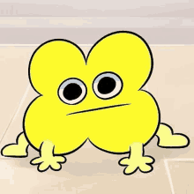 a yellow cartoon character with big eyes and feet is standing on a floor .