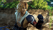 a video game character with blonde hair and blue eyes stands in a field