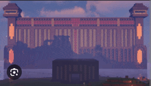 a screenshot of a building in a video game with a purple sky in the background