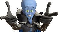 a cartoon character with a blue head and green eyes giving a thumbs up