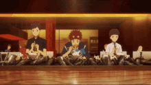 a group of cartoon characters are eating noodles in a restaurant