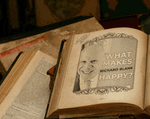 a book is open to a page that says " what makes richard blank happy " on it