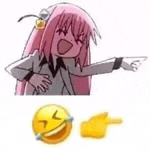 a cartoon girl with pink hair is pointing at a smiley face .