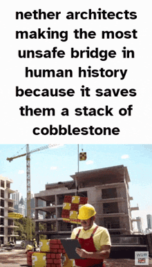 a construction worker is looking at a clipboard in front of a building under construction and a quote from nether architects