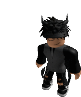 a roblox character with horns and glasses is standing on a white background .