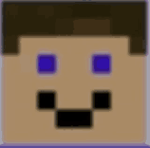 it looks like a minecraft character with purple eyes and a mustache .