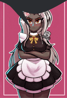 a drawing of a girl in a maid outfit with a sticker on her head that says ' sdnegu '