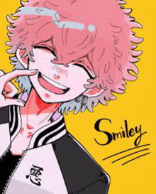 a drawing of a girl with pink hair and a smiley face .