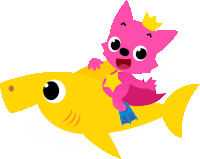 a pink baby shark riding on the back of a yellow shark