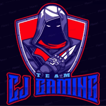 a logo for a team called pj gaming with a hooded figure holding a knife