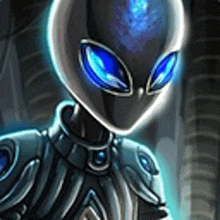 a drawing of an alien with blue eyes and a glowing head .