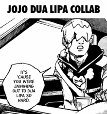 a black and white drawing of a man sitting in a car with a quote from jojo 's bizarre adventure .