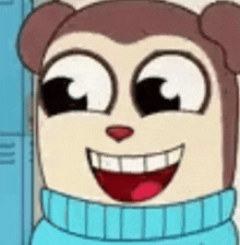 a close up of a cartoon character wearing a blue sweater and smiling .