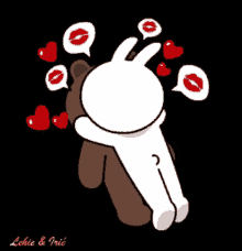 a cartoon of a bunny hugging a teddy bear with hearts and kisses coming out of it