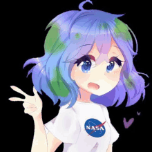 a girl with blue hair is wearing a nasa t-shirt and giving a peace sign .