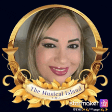 a picture of a woman in a gold frame with the words the musical island on it