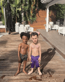 two boys standing on a wooden deck with their heads on each other