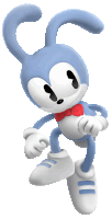 a blue and white cartoon character with a red bow tie and white shoes