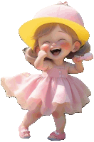 a little girl wearing a pink dress and a yellow hat