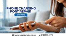 an advertisement for iphone charging port repair shows a woman plugging an iphone into a charger